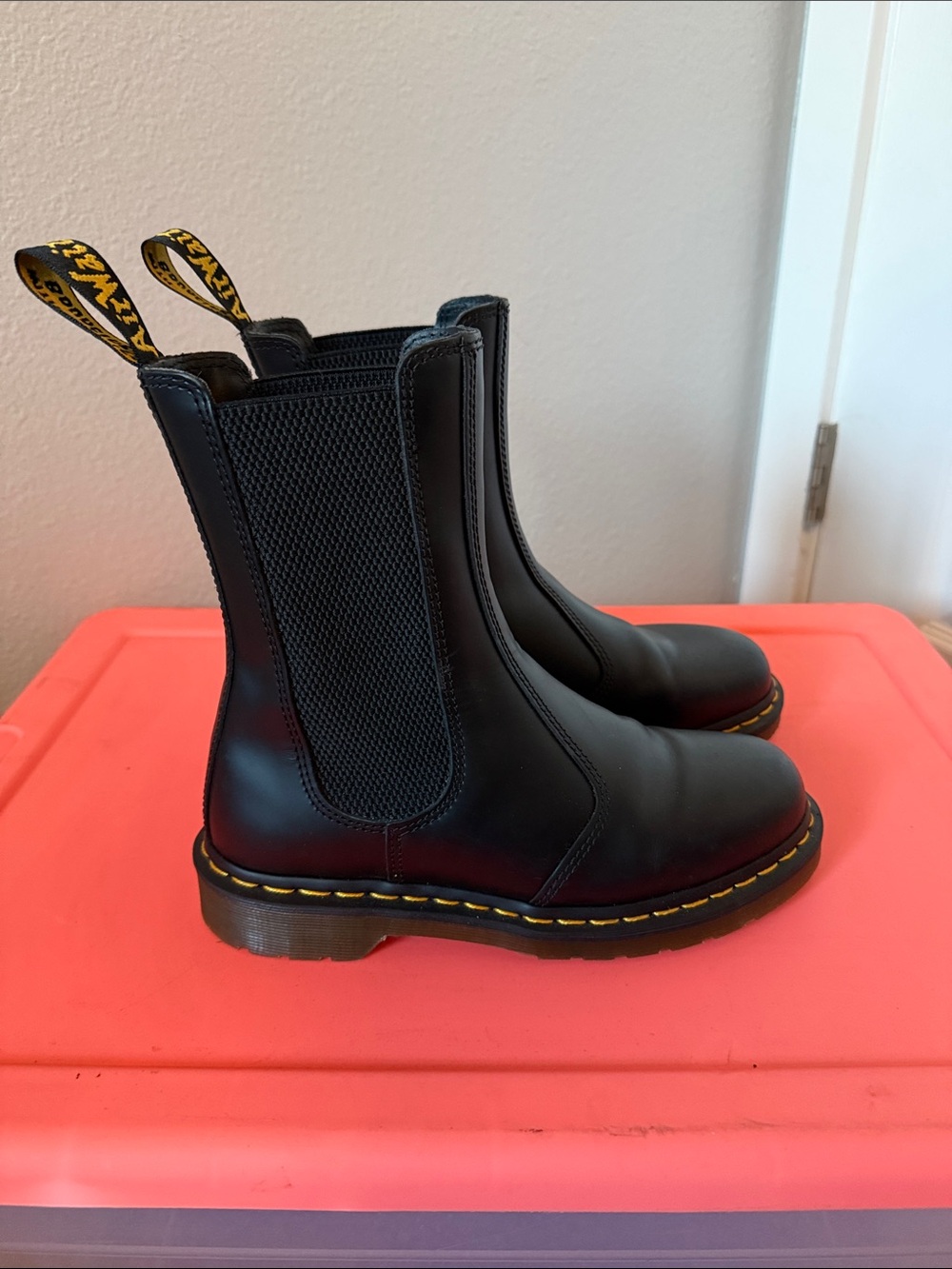 Dr. Martens Black Chelsea Boots with Yellow Stitching and Heel Loop